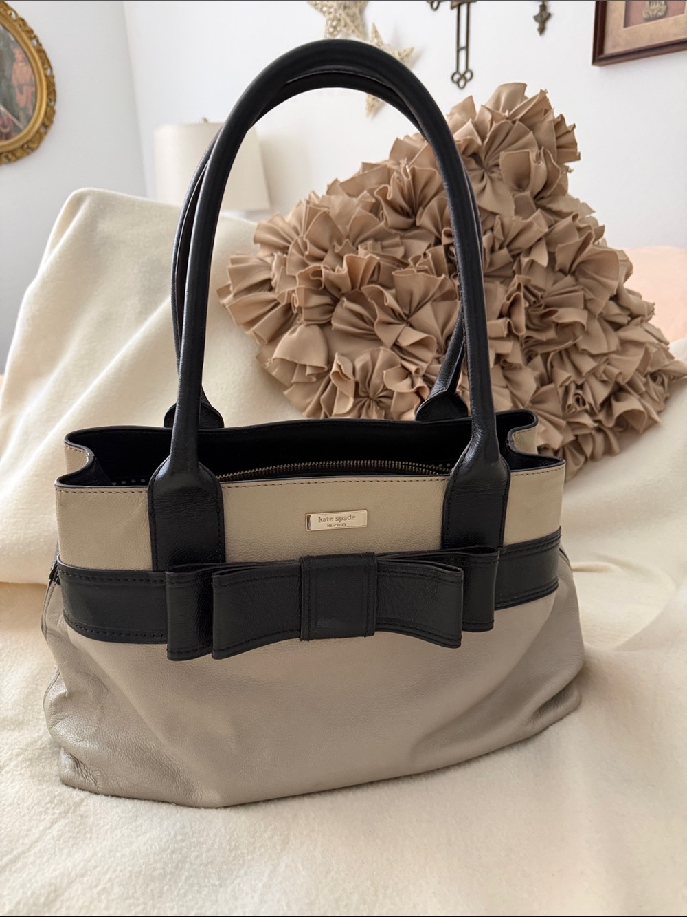 kate spade Cream, Beige and Black Leather Shoulder Bag with Bow Accent